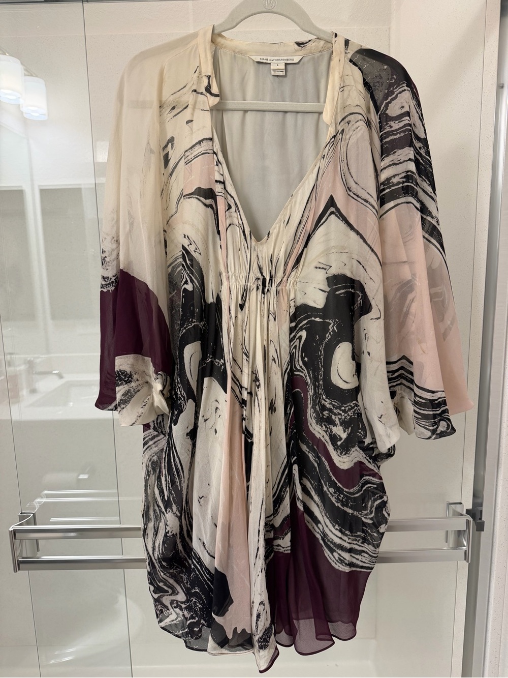Diane Von Furstenberg Cream, Black & Plum Marble-Print Silk Tunic Dress